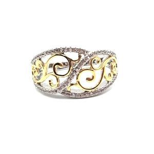 (SZ 7) Filigree Vines CZ Diamond Ring 925 Sterling Silver 14k Yellow Gold
